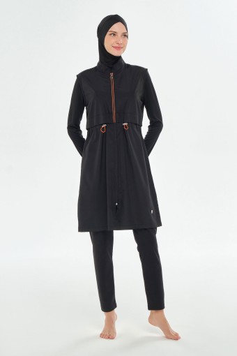 ROZAMAY - Rozamay Kadın Rio Tam Tesettür Mayo Tam Boy Fermuarlı Büyük Beden - Siyah