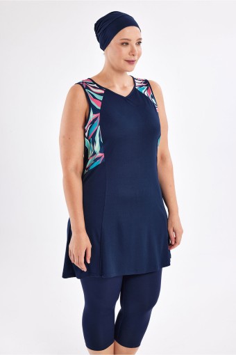 ROZAMAY - Rozamay Kadın Rıta Yarı Kapalı Tesettür Mayo Büyük Beden - Koyu Lacivert