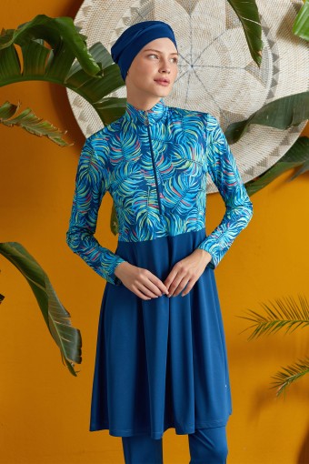 ROZAMAY - Rozamay Kadın Romy Tam Kapalı Tesettür Mayo Likralı Desenli Yarım Fermuarlı - Açık Lacivert