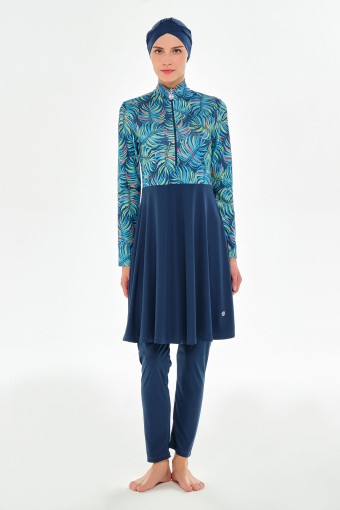 ROZAMAY - Rozamay Kadın Romy Tam Kapalı Tesettür Mayo Likralı Desenli Yarım Fermuarlı - Açık Lacivert (1)