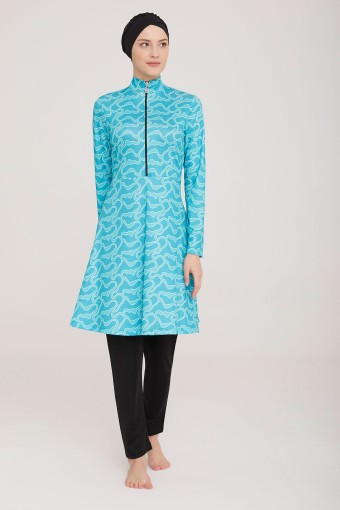 ROZAMAY - Rozamay Kadın Tam Kapalı Tesettür Mayo Desenli - Siyah