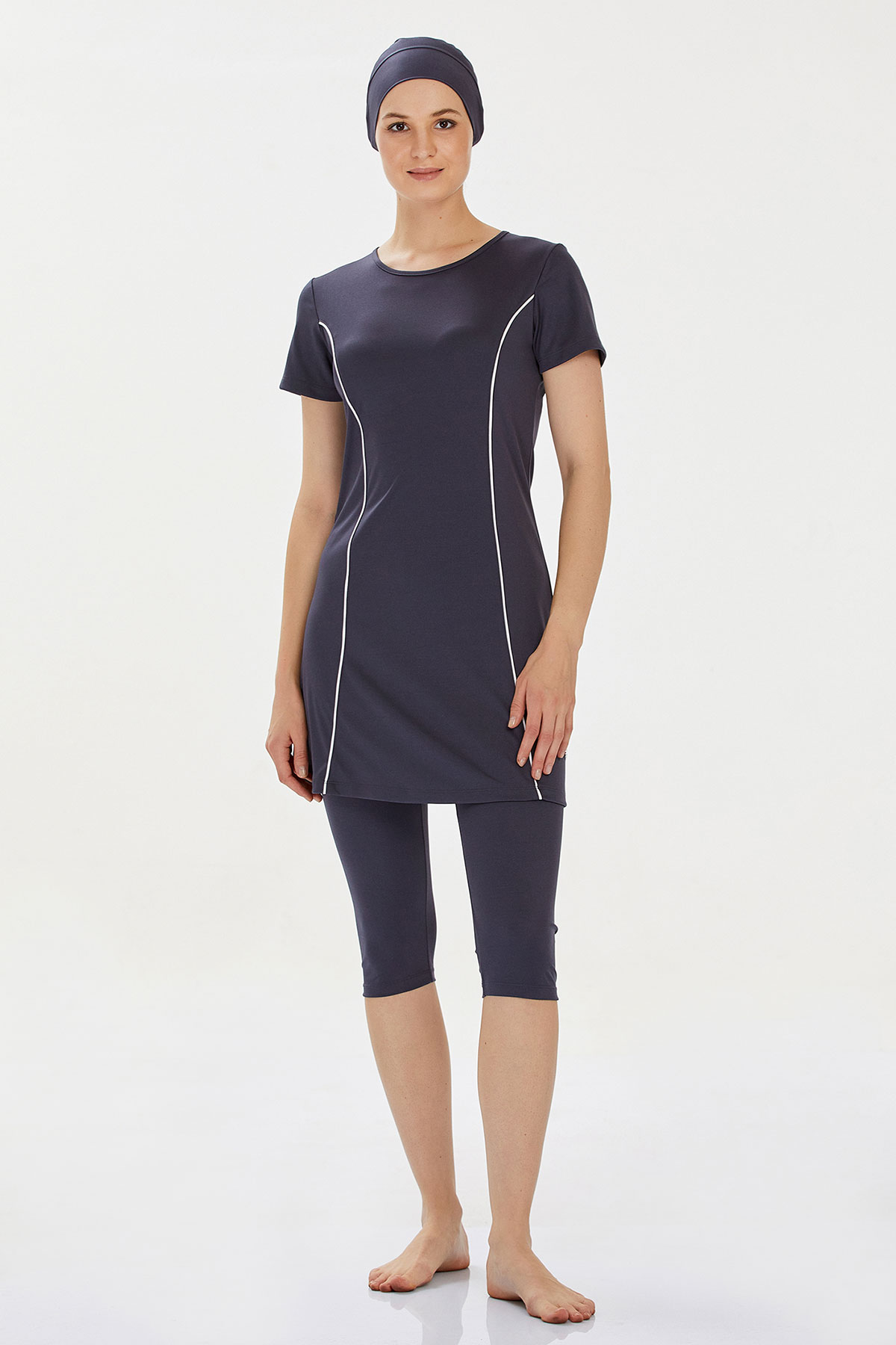 Rozamay Kadın Yarı Kapalı Tesettür Mayo Büyük Beden - Antrasit - Thumbnail