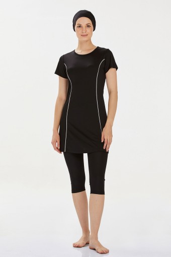 ROZAMAY - Rozamay Kadın Yarı Kapalı Tesettür Mayo Büyük Beden - Siyah