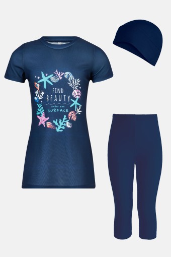 ROZAMAY - Rozamay Kız Çocuk Ruty Yarı Kapalı Tesettür Mayo - Koyu Lacivert