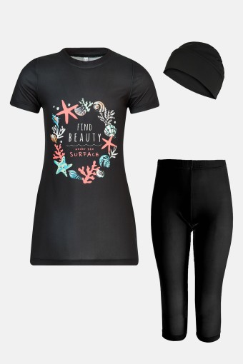 ROZAMAY - Rozamay Kız Çocuk Ruty Yarı Kapalı Tesettür Mayo - Siyah