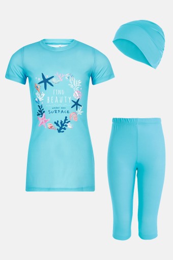 ROZAMAY - Rozamay Kız Çocuk Ruty Yarı Kapalı Tesettür Mayo - Turkuaz