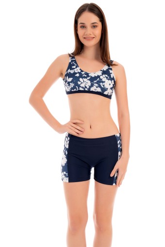RUKO - Ruko Kadın Bikini Takımı Çiçek Desenli Omuzdan Askılı Freeset Model Şortlu Lycra Kumaş - Lacivert