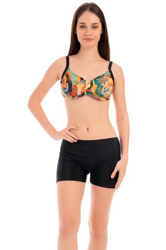 RUKO - Ruko Kadın Bikini Takımı Çiçek Desenli Omzudan Ayar Askılı Toparlayıcı Model Balenli Lycra Kumaş Şortlu - Siyah