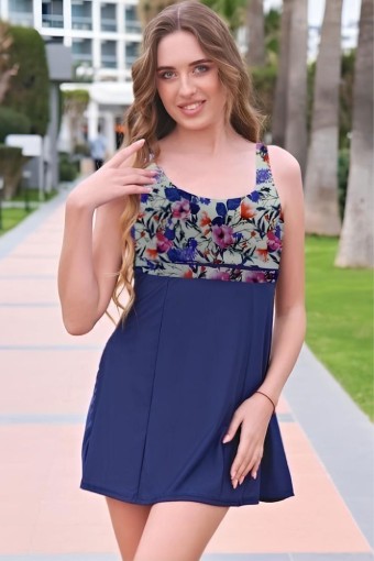 RUKO - Ruko Kadın Elbise Mayo Göğsü Çiçek Desenli Altı Bikini - Lacivert