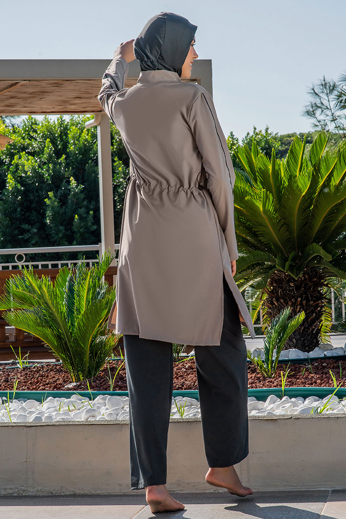 Ruko Kadın Tam Kapalı Tesettür Mayo Boydan Fermuarlı Biyeli Paraşüt - Vizon - Thumbnail