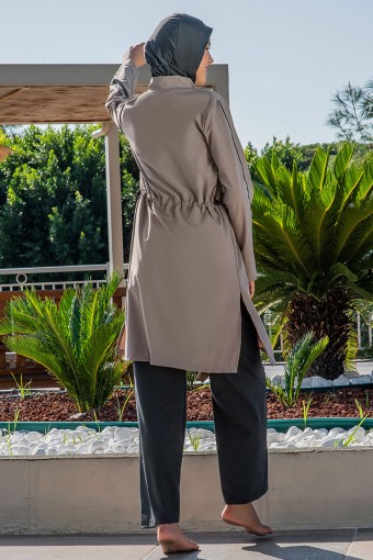 RUKO - Ruko Kadın Tam Kapalı Tesettür Mayo Boydan Fermuarlı Biyeli Paraşüt - Vizon (1)