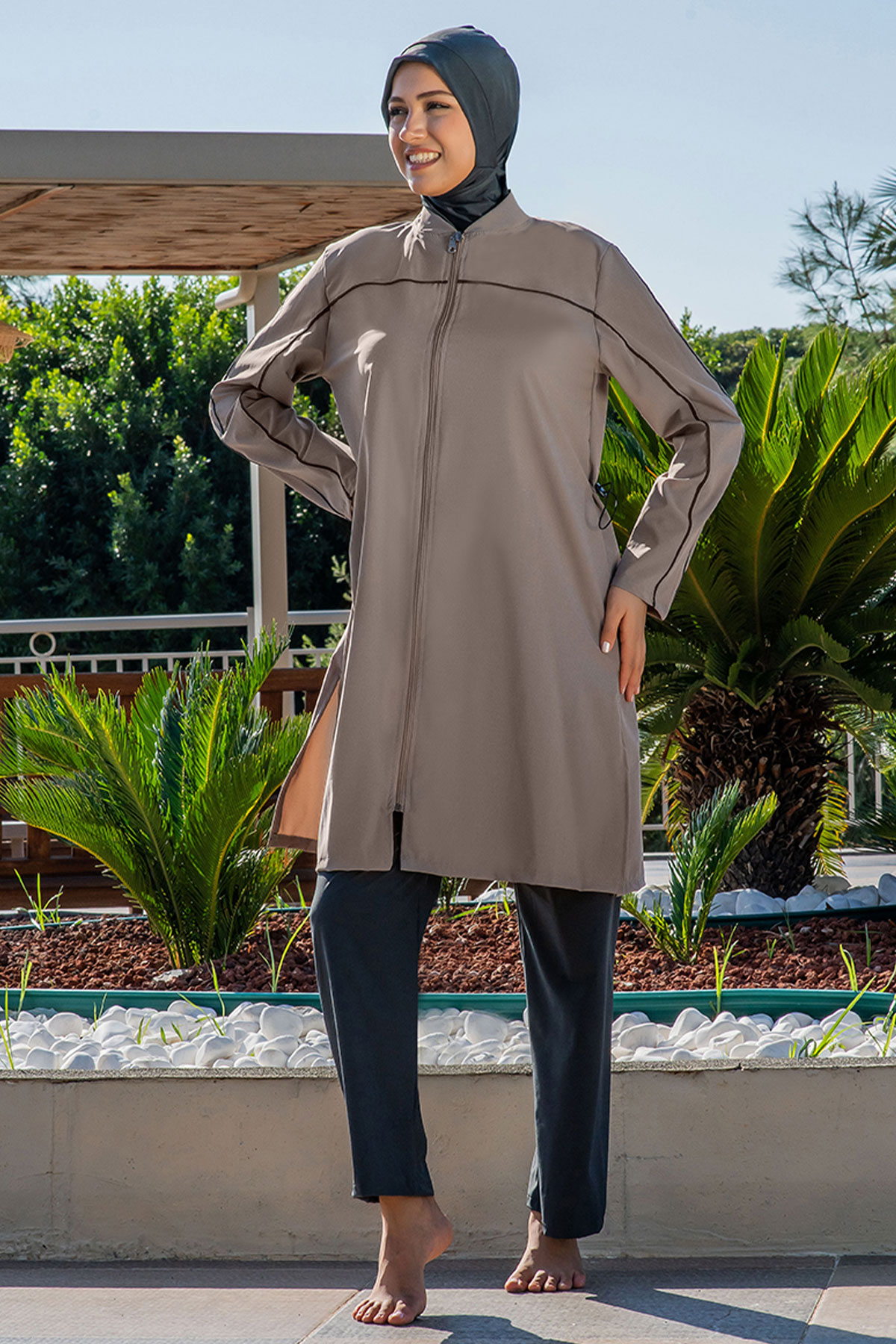 Ruko Kadın Tam Kapalı Tesettür Mayo Boydan Fermuarlı Biyeli Paraşüt - Vizon - Thumbnail