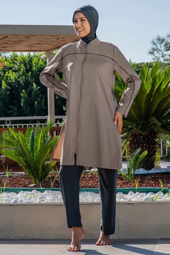 RUKO - Ruko Kadın Tam Kapalı Tesettür Mayo Boydan Fermuarlı Biyeli Paraşüt - Vizon