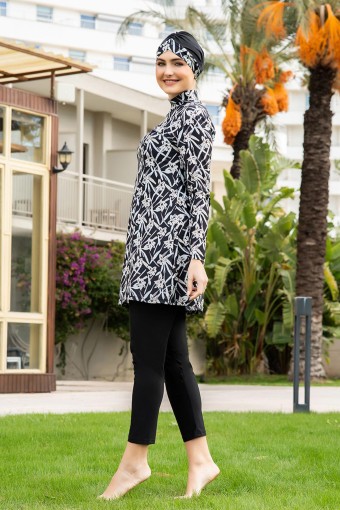 RUKO - Ruko Kadın Tam Kapalı Tesettür Mayo Büyük Beden Balıkçı Yaka Desenli - Siyah