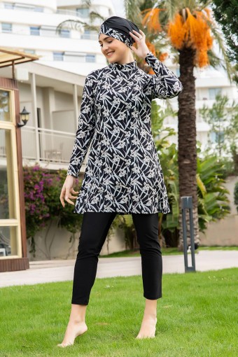 RUKO - Ruko Kadın Tam Kapalı Tesettür Mayo Büyük Beden Balıkçı Yaka Desenli - Siyah (1)