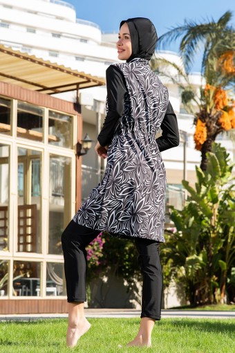 RUKO - Ruko Kadın Tam Kapalı Tesettür Mayo Büyük Beden Boydan Fermuarlı Desenli - Siyah (1)