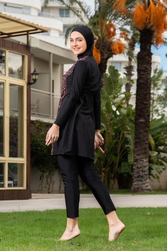 RUKO - Ruko Kadın Tam Kapalı Tesettür Mayo Büyük Beden Boydan Fermuarlı Desenli - Siyah (1)