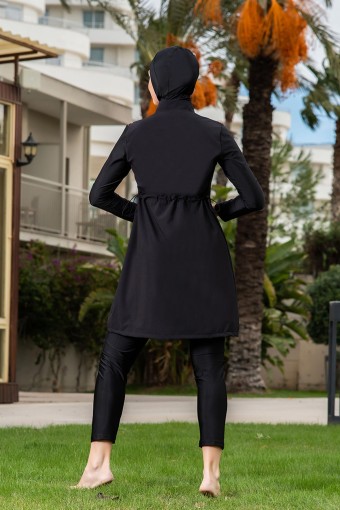 RUKO - Ruko Kadın Tam Kapalı Tesettür Mayo Büyük Beden Boydan Fermuarlı Desenli - Siyah (1)