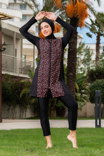 RUKO - Ruko Kadın Tam Kapalı Tesettür Mayo Büyük Beden Boydan Fermuarlı Desenli - Siyah