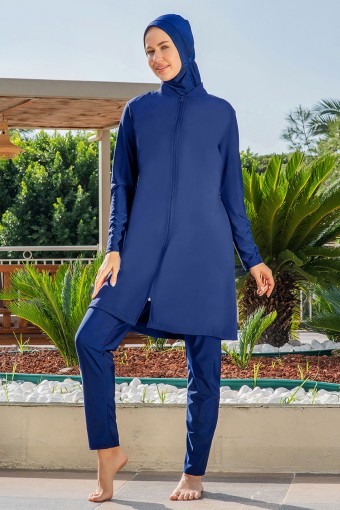 RUKO - Ruko Kadın Tam Kapalı Tesettür Mayo Büyük Beden Boydan Fermuarlı Düz Paraşüt - Açık Lacivert