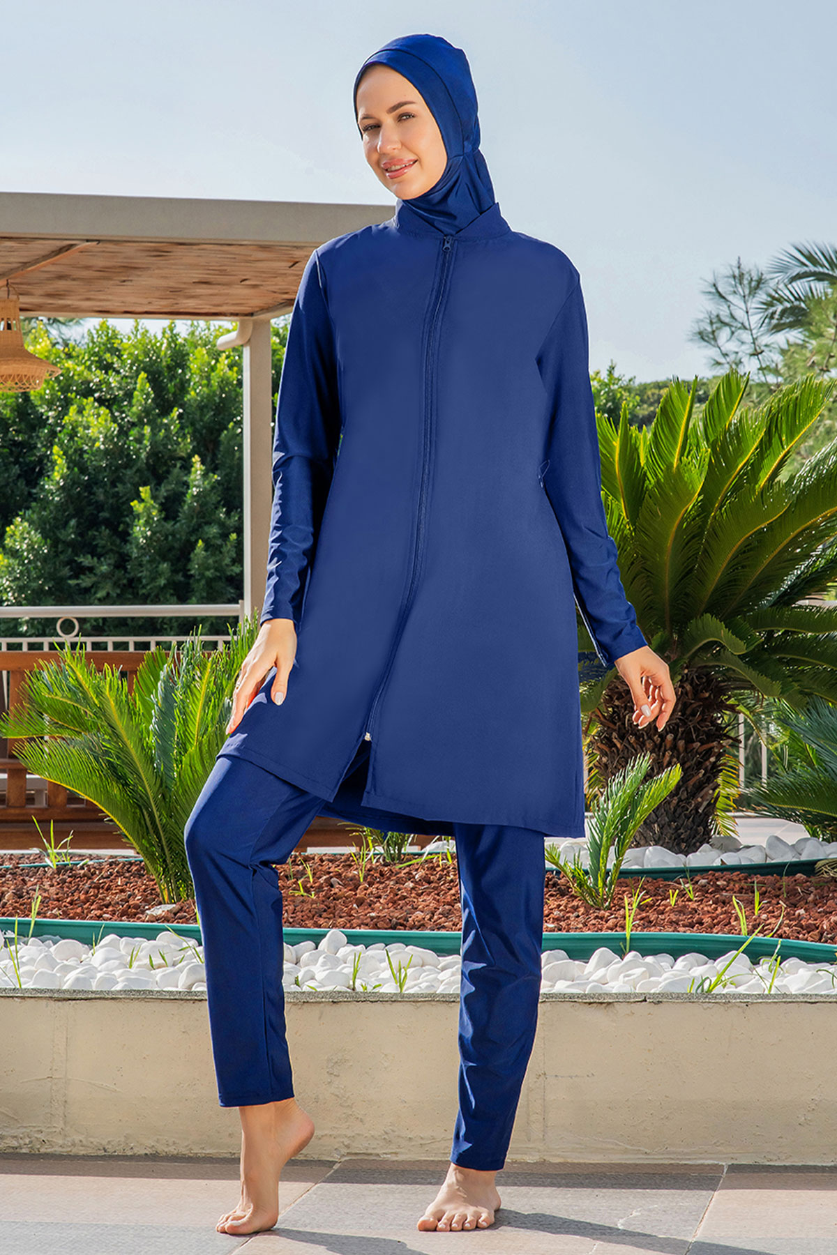 Ruko Kadın Tam Kapalı Tesettür Mayo Büyük Beden Boydan Fermuarlı Düz Paraşüt - Açık Lacivert - Thumbnail