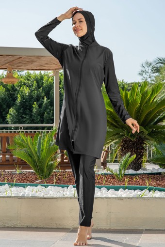 RUKO - Ruko Kadın Tam Kapalı Tesettür Mayo Büyük Beden Boydan Fermuarlı Düz Paraşüt - Siyah