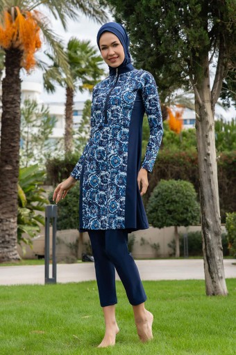 RUKO - Ruko Kadın Tam Kapalı Tesettür Mayo Büyük Beden Yarım Fermuarlı Desenli - Lacivert