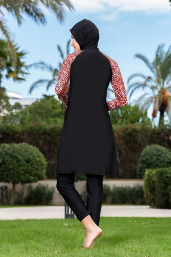 RUKO - Ruko Kadın Tam Kapalı Tesettür Mayo Büyük Beden Yarım Fermuarlı Desenli - Siyah (1)