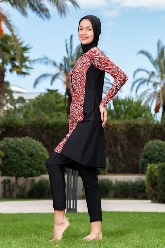 RUKO - Ruko Kadın Tam Kapalı Tesettür Mayo Büyük Beden Yarım Fermuarlı Desenli - Siyah (1)