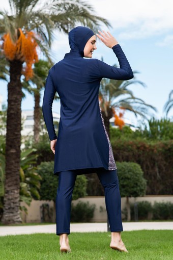 RUKO - Ruko Kadın Tam Kapalı Tesettür Mayo Büyük Beden Yarım Fermuarlı Yan Desenli - Lacivert (1)