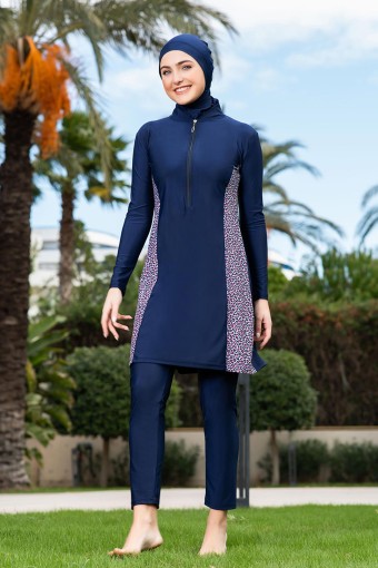 RUKO - Ruko Kadın Tam Kapalı Tesettür Mayo Büyük Beden Yarım Fermuarlı Yan Desenli - Lacivert