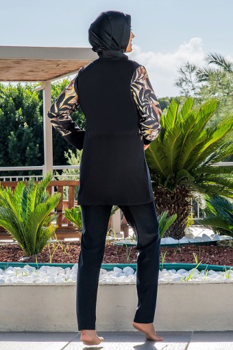 RUKO - Ruko Kadın Tam Kapalı Tesettür Mayo BüyükBeden Boydan Fermuarlı Desenli Paraşüt - Siyah (1)