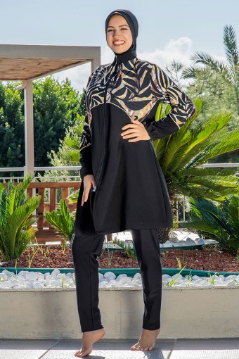 RUKO - Ruko Kadın Tam Kapalı Tesettür Mayo BüyükBeden Boydan Fermuarlı Desenli Paraşüt - Siyah