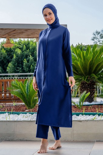 RUKO - Ruko Kadın Tam Kapalı Tesettür Mayo Jileli Düz Uzun Paraşüt - Açık Lacivert
