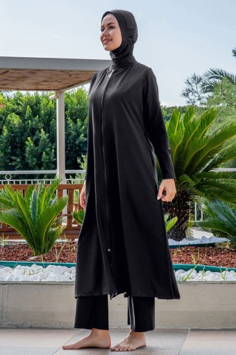 RUKO - Ruko Kadın Tam Kapalı Tesettür Mayo Jileli Düz Uzun Paraşüt - Siyah