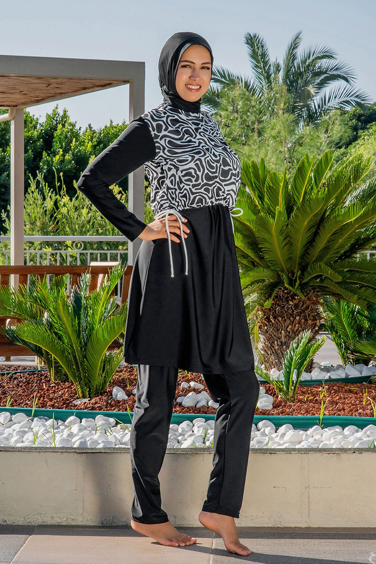 Ruko Kadın Tam Kapalı Tesettür Mayo Üst Croplu Bağlamalı Desenli Likralı - Siyah - Thumbnail