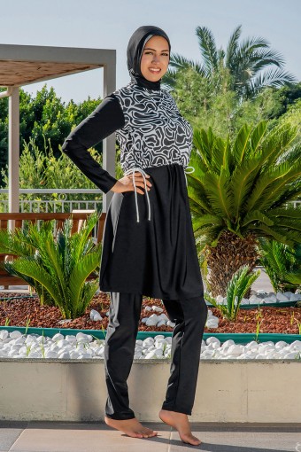 RUKO - Ruko Kadın Tam Kapalı Tesettür Mayo Üst Croplu Bağlamalı Desenli Likralı - Siyah