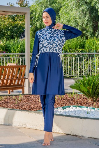 RUKO - Ruko Kadın Tam Kapalı Tesettür Mayo Üst Croplu Bağlamalı Yaprak Desenli Likralı - Açık Lacivert