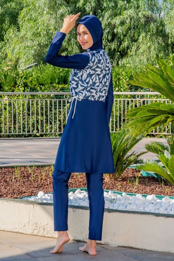 RUKO - Ruko Kadın Tam Kapalı Tesettür Mayo Üst Croplu Bağlamalı Yaprak Desenli Likralı - Açık Lacivert (1)