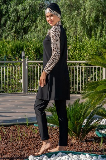 RUKO - Ruko Kadın Tam Kapalı Tesettür Mayo Üst Desenli Likralı - Siyah (1)