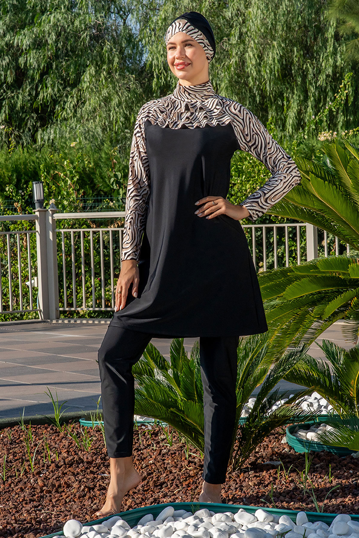 Ruko Kadın Tam Kapalı Tesettür Mayo Üst Desenli Likralı - Siyah - Thumbnail