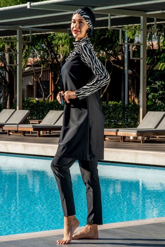 RUKO - Ruko Kadın Tam Kapalı Tesettür Mayo Üst Desenli Likralı - Siyah (1)