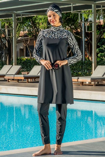 RUKO - Ruko Kadın Tam Kapalı Tesettür Mayo Üst Desenli Likralı - Siyah