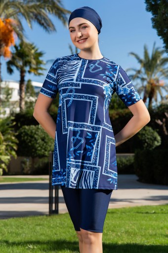 RUKO - Ruko Kadın Yarı Kapalı Tesettür Mayo Büyük Beden Desenli - Lacivert