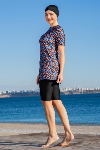 RUKO - Ruko Kadın Yarı Kapalı Tesettür Mayo Büyük Beden Geometrik Desenli - Siyah (1)