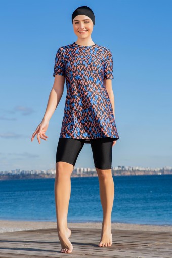 RUKO - Ruko Kadın Yarı Kapalı Tesettür Mayo Büyük Beden Geometrik Desenli - Siyah