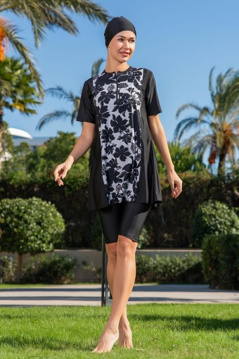 RUKO - Ruko Kadın Yarı Kapalı Tesettür Mayo Büyük Beden Yaka Fermuarlı Desenli - Siyah