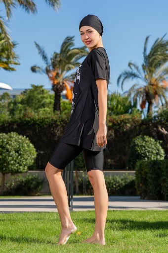 RUKO - Ruko Kadın Yarı Kapalı Tesettür Mayo Büyük Beden Yaka Fermuarlı Desenli - Siyah (1)