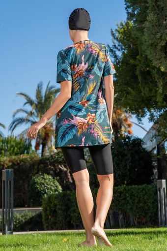 RUKO - Ruko Kadın Yarı Kapalı Tesettür Mayo Büyük Beden Yaprak Desenli - Siyah (1)