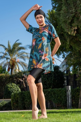 RUKO - Ruko Kadın Yarı Kapalı Tesettür Mayo Büyük Beden Yaprak Desenli - Siyah